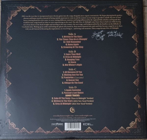 Image of Back Cover of 4914297C: 2xLP - BLACKMORE'S NIGHT, Fires At Midnight (Ear Music Classics; 0219539EMU, Europe 2024 Reissue, Gatefold, 2 Inners) Still In Stickered Shrinkwrap  EX/VG+