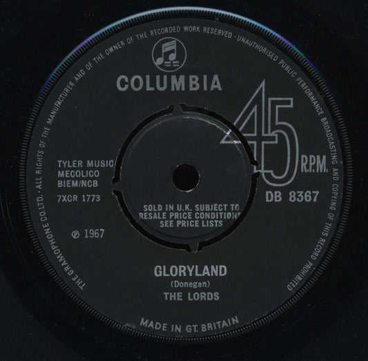 Image of Front Cover of 4914272C: 7" - THE LORDS, Gloryland / Gipsy Boy (Columbia; DB 8367, UK 1967, Company Sleeve)   VG/G+