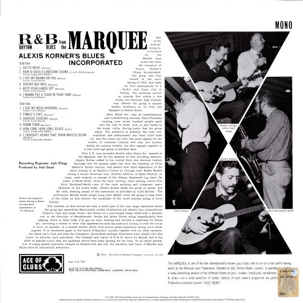 Image of Back Cover of 4914324C: LP - ALEXIS KORNER'S BLUES INCORPORATED, R & B From The Marquee (Ace Of Clubs; none, Italy 2016 Reissue) Sleeve Creased  VG/VG+