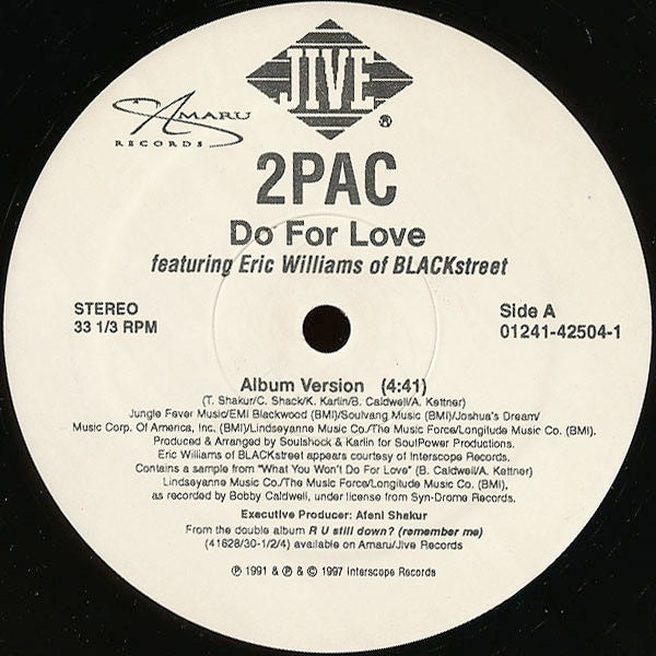 Image of Back Cover of 4914339C: 12" - 2PAC FEATURING ERIC WILLIAMS OF BLACKSTREET, Do For Love / Brenda's Got A Baby (Amaru Records; 01241-42504-1, US 1997, Stickered Plain Sleeve) Sleeve has light damage at opening when it's been taped. Some tape still on inside (and a rip too)  VG/G+