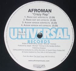 Image of Front Cover of 4914412C: 12" - AFROMAN, Crazy Rap (Universal Records; UNIR 20657-1, US 2001, Promo, Stickered Plain Sleeve)   VG/VG+