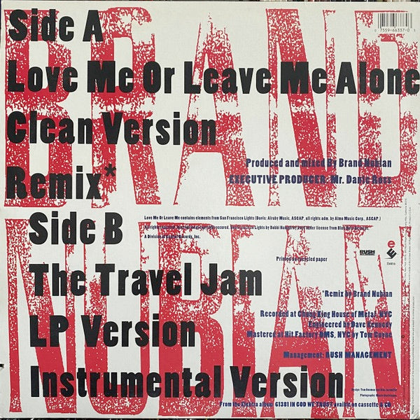 Image of Back Cover of 4914414C: 12" - BRAND NUBIAN, Love Me Or Leave Me Alone / The Travel Jam (Elektra; 0-66337, US 1993) Shrink-wrap taped onto sleeve at edges with some discolouration / staining underneath. Corners a bit bent from tight plastic  VG/VG+