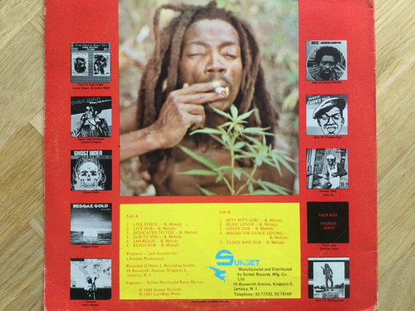 Image of Back Cover of 4944252S: LP - BOBBY MELODY, Live Stock (Harry J. Records Inc.; none, Jamaica 1985) Edge and Ring Wear  VG/VG