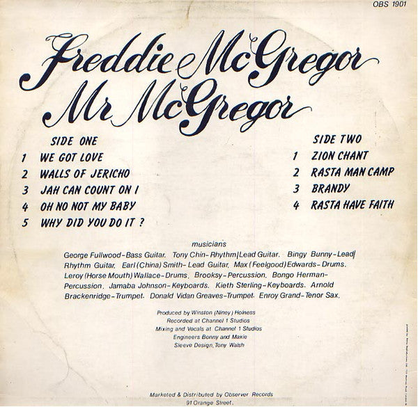 Image of Back Cover of 4944298S: LP - FREDDIE MCGREGOR, Mr McGregor (Rastaman Camp) (Observer; OBS 1901, Jamaica 1979) Tape All Around The Edge Of The Sleeve  G+/VG