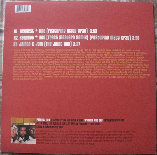 Image of Back Cover of 4914478C: 12" - BLACK EYED PEAS FEATURING MACY GRAY, Request Line (Interscope Records; 497 503-1, UK & Europe 2000) Edges of sleeve all taped  VG/VG