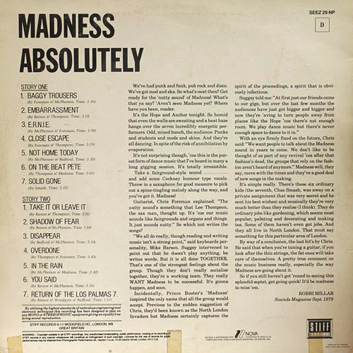 Image of Back Cover of 4924414E: LP - MADNESS, Absolutely (Stiff Records; SEEZ 29 NP, Portugal 1980, Inner)   VG+/VG