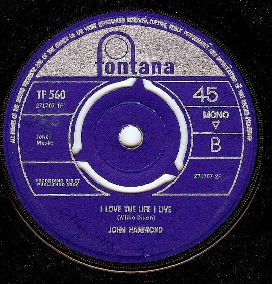 Image of Front Cover of 4914512C: 7" - JOHN HAMMOND, Baby, Won't You Tell Me (Fontana; TF 560, UK 1965, Company Sleeve, Mono) Strong G+, Light marks only, Nice company sleeve  VG+/G+