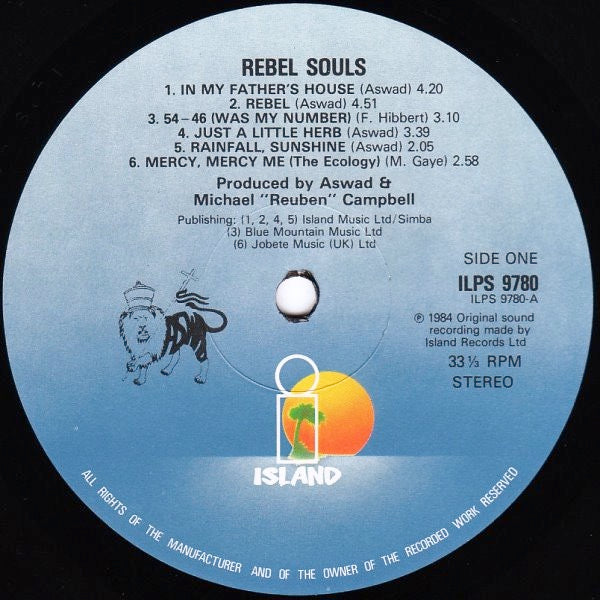 Image of Label Cover of LP - VG+/VG+ - ASWAD, Rebel Souls (Island Blue - Night and Day; ILPS 9780, UK 1984, Black Inner), Nice clean copy throughout!,  - 2416224C