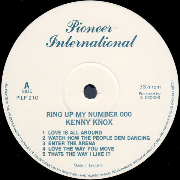Image of Label Cover of 4914541C: LP - KENNY KNOX, Ring Up My Number - 000 (Pioneer International; PILP 210, UK 1980s) Sleeve has very bent and creased corners. Also general wear and creasing  G/VG
