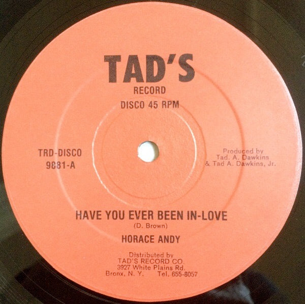 Image of Front Cover of 4914543C: 12" - HORACE ANDY / LINVAL THOMPSON, Have You Ever Been In Love / Ketch A Fire Babylon (Tad's Record; TRD 9881, US 1981, Misprint) In Reggae Disco 45 company sleeve (ring wear, edge and corner wear; light sticker damage and creasing)  VG/VG