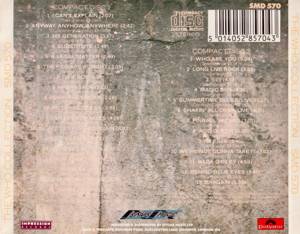 Image of Back Cover of 4914407C: 2xCD - THE WHO, Collection (Impression Records; SMD 570, Europe 1988, Double CD Case)   VG+/VG+