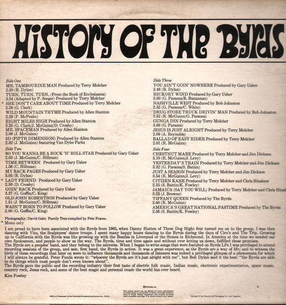 Image of Back Cover of 2xLP - VG+/VG+ - THE BYRDS, History of (CBS Orange (33 1/3 On Label); 68242, UK 1973, Gatefold, 2 Company Inners), ,  - 2426017E