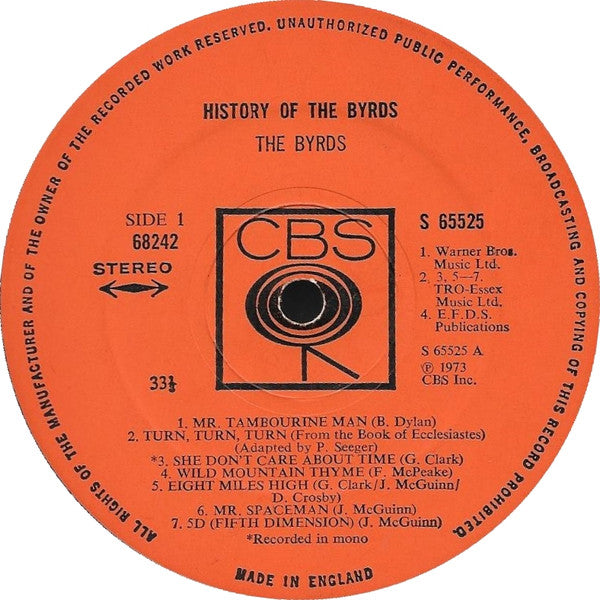 Image of Label Cover of 2xLP - VG+/VG+ - THE BYRDS, History of (CBS Orange (33 1/3 On Label); 68242, UK 1973, Gatefold, 2 Company Inners), ,  - 2426017E