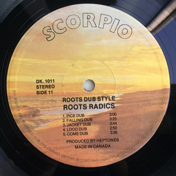 Image of Back Cover of 4914577C: LP - ROOTS RADICS, Roots Dub Style (Scorpio; DK 1011, Canada 1982, No Sleeve) Writing and tears to label. Lots of light marks to disc but plays okay with minimal surface noise.  /G