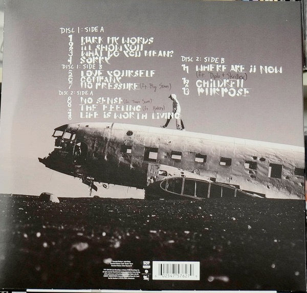 Image of Back Cover of 4924466E: 2xLP - JUSTIN BIEBER, Purpose (Def Jam Recordings; 0602547576279, Europe 2023, Picture Sleeve, Insert, Deluxe Edition, 180 Gram) graded conservatively, light hairlines only. sleeve has corner bump and light wear to edges.very small rip on back of sleeve opening.   VG/VG