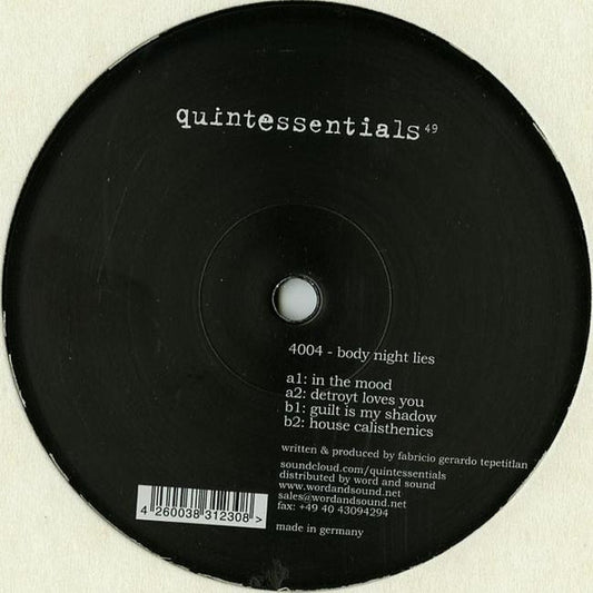 Image of Front Cover of 5044059S: 12" - 4004, Body Night Lies (Quintessentials; quintessentials 49, Germany 2016)   /VG+