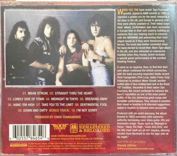 Image of Back Cover of 5014070C: CD - Y & T, Mean Streak (Rock Candy; CANDY362, US 2018 Reissue, Jewel Case)   M/M