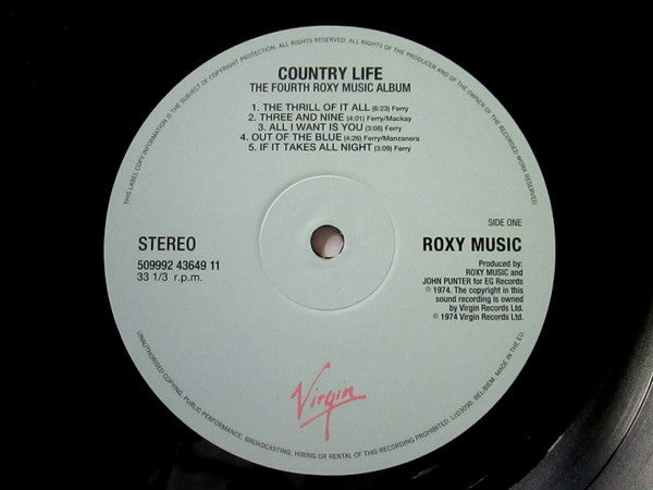 Image of Label Cover of 5024306E: LP - ROXY MUSIC, Country Life (Virgin; 509992 43649 11, Europe 2009 Reissue, Inner, Poster, 180 Gram Vinyl) Strong VG  VG+/VG