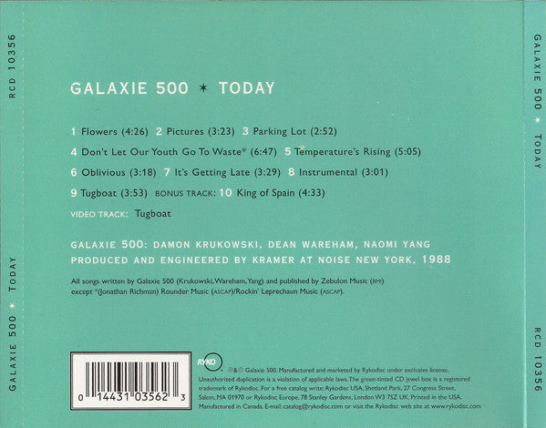 Image of Back Cover of 5034031E: CD - GALAXIE 500, Today (Rykodisc; RCD 10356, US 1991, Jewel Case)   VG+/VG+