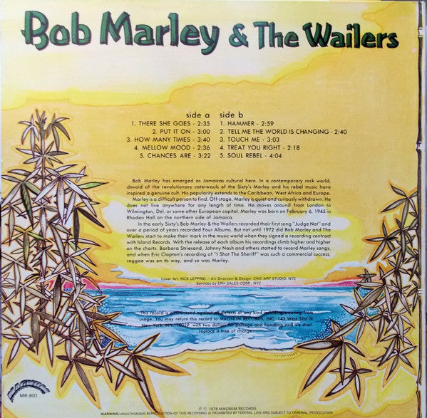 Image of Back Cover of LP - VG+/VG - BOB MARLEY & THE WAILERS, Bob Marley & The Wailers (Magnum Records; MR 601, US 1978), Light marks.,  - 3546334S