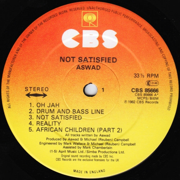 Image of Label Cover of 5044154S: LP - ASWAD, Not Satisfied (CBS; CBS 85666 / XPS 148, UK 1982, Insert, NO 10" included)   VG+/EX