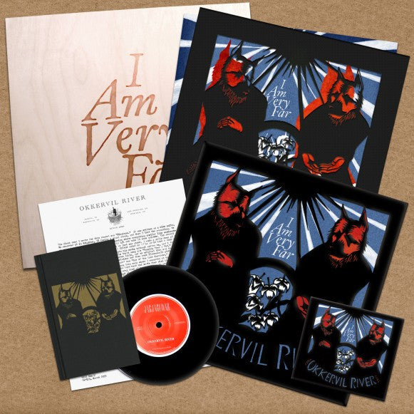 Image of Back Cover of LP - EX/EX - OKKERVIL RIVER, I Am Very Far (Jagjaguwar; JAG185, US 2011, Wooden Box Set, 2 Inners & Booket, Limited Edition. ), , 2xLP edition of the album, laser-etched vinyl and 28-page booklet. CD edition of the album and 24-page booklet.Exclusive 2-piece 12.x5  x 12.5  album cover artwork cards, featuring a laser-cut replica of William Schaff s original papercut artwork. 7  single featuring demo versions of  Piratess  and  Lay of the Last Survivor.  Hardcover, foil-embossed 40-pa