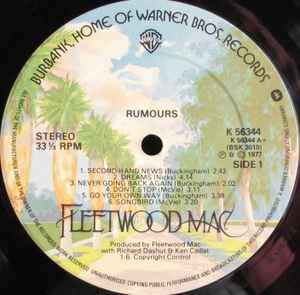 Image of Label Cover of LP - VG/G+ - FLEETWOOD MAC, Rumours (WB Burbank; K56344, UK 1977, Textured Sleeve, Insert, MASTERED BY CAPITOL), Hairlines all over disc. Sleeve discolouratiom, creasing and light edge wear,  - 2726243E