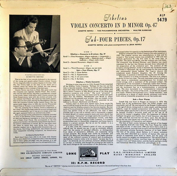 Image of Back Cover of 4924469E: LP - GINETTE NEVEU, Sibelius: Violin Concerto, Suk: Four Pieces (HMV Red and Gold, Semi-Circular Nipper Box; ALP 1479, UK 1957, Laminated Scalloped Flipback Sleeve) Strong VG, Factory Sample Sticker on Label  VG+/VG+