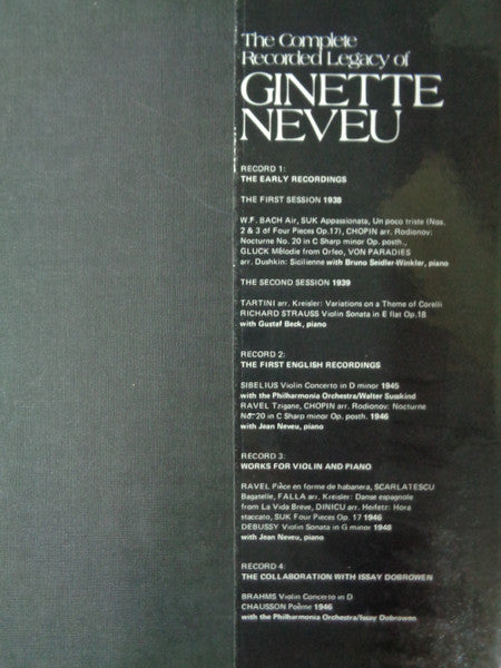 Image of Back Cover of 4xLP - VG+/VG+ - GINETTE NEVEU, The Complete Recorded Legacy Of Ginette Neveu (HMV Red, Coloured Nipper Box; RLS 739, UK 1980, Box Set, Insert, Record 4 has Black and Silver Label), ,  - 4924473E
