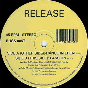 Image of Front Cover of 5044230S: 12" - RELEASE, Dance In Eden / Passion (Contagious Records; RUSS 005T, UK 1992) Visually a G, looks absolutely mashed but plays surprisingly very well, plays as a VG only with very light surface noise.   /G+