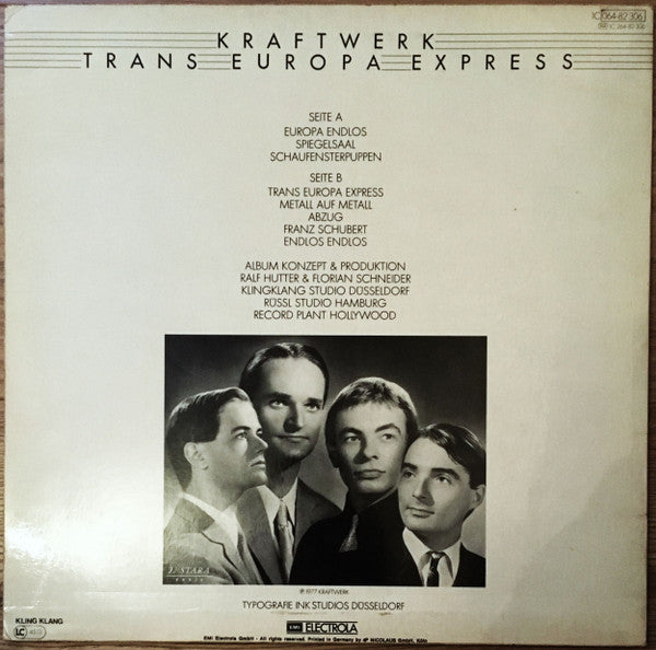 Image of Back Cover of 5044258S: LP - KRAFTWERK, Trans Europa Express (Kling Klang; 1C 064-82 306, Germany 1977, Inner, Poster, No Debossed EMI Stamp on Back of Sleeve) Clean copy, Strong VG on the sleeve with a very faint lpatch of laminate removal and a light crease. Poster is in great shape  VG/VG+