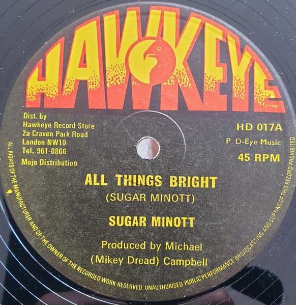 Image of Front Cover of 5014207C: 12" - SUGAR MINOTT, All Things Bright / Can't Take No Fight (Hawkeye; HD 017, UK 1979, Plain Sleeve) Light Marks only.  /VG