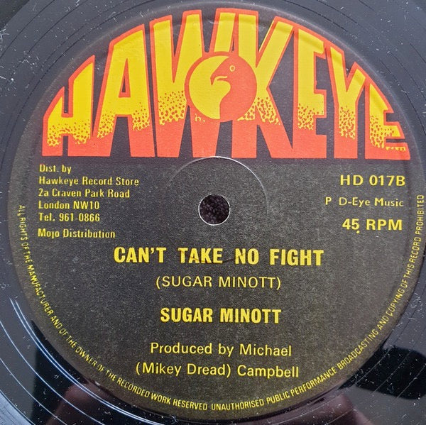 Image of Back Cover of 5014207C: 12" - SUGAR MINOTT, All Things Bright / Can't Take No Fight (Hawkeye; HD 017, UK 1979, Plain Sleeve) Light Marks only.  /VG