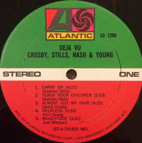 Image of Label Cover of 5044206S: LP - CROSBY, STILLS, NASH & YOUNG, D j  Vu (Atlantic; SD 7200, US 1970, Pasteback Faux-Leather Gatefold, Inner, ME in label matrix, photograph of the band is pasted on front cover) Hairlines and scuffs, cover and inner like new but name in pen in side gatefold and on inner  VG+/VG