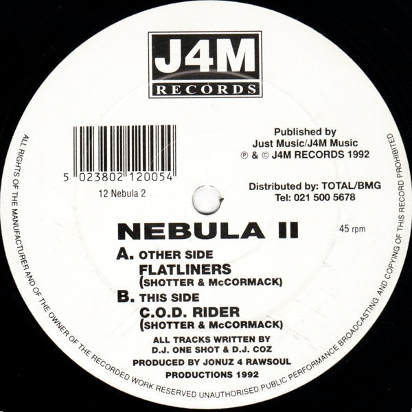 Image of Front Cover of 5014234C: 12" - NEBULA II, Flatliners / C.O.D. Rider (J4M Records; 12 Nebula 2, UK 1992, Company Sleeve) White company sleeve with three old stickers on it, wear, staining, creasing and scuffs  G+/G+