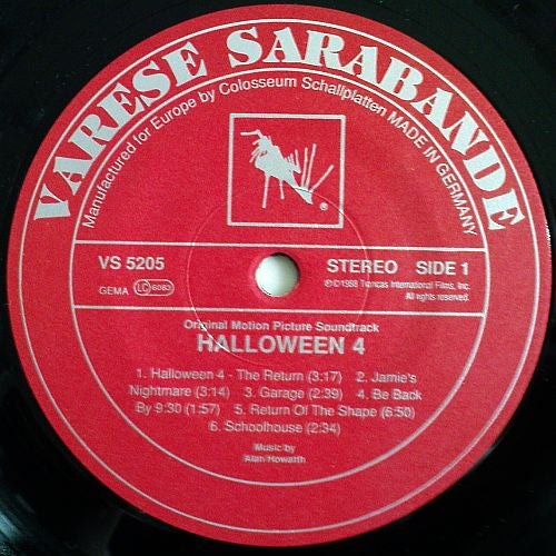 Image of Label Cover of 5024282E: LP - ALAN HOWARTH, Halloween 4 - The Return Of Michael Myers (Original Motion Picture Soundtrack) (Var se Sarabande ; VS 5205, Germany 1988) Tape Damage And Residue To Top And Bottom Seama  G+/VG