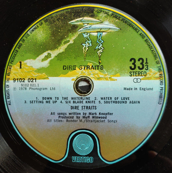 Image of Label Cover of 5014259C: LP - DIRE STRAITS, Dire Straits (Vertigo; 9102 021, UK 1978, Thin Paper Inner, Label Address On Rear Of Sleeve) Cut-out (Hole punched)  VG/VG