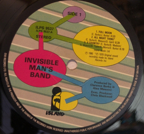 Image of Back Cover of 5044312S: 12" - INVISIBLE MAN'S BAND, The Invisible Man's Band (Island Records ; ILPS 9537, UK 1980, Inner) Sticker damage to front sleeve, incredibly faint writing to rear. Strong VG vinyl, light makrs only.  VG/VG