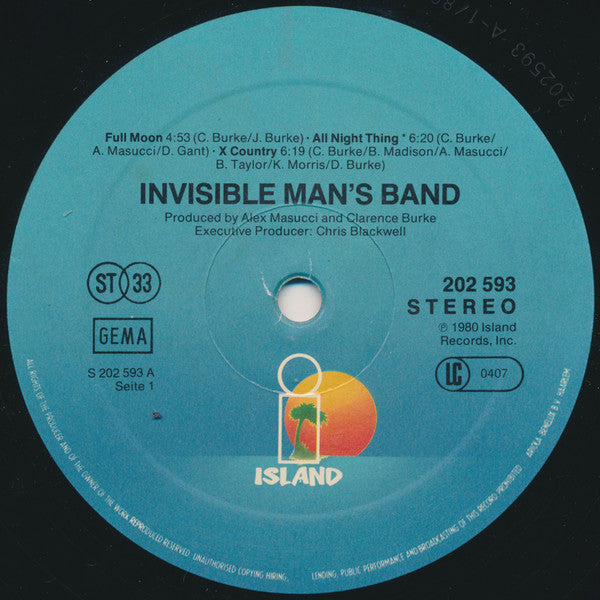 Image of Label Cover of 5044312S: 12" - INVISIBLE MAN'S BAND, The Invisible Man's Band (Island Records ; ILPS 9537, UK 1980, Inner) Sticker damage to front sleeve, incredibly faint writing to rear. Strong VG vinyl, light makrs only.  VG/VG