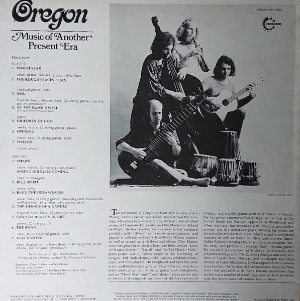 Image of Back Cover of 5014293C: LP - OREGON, Music Of Another Present Era (Vanguard; VSD 79326, UK 1972) Record has pressing flaw on track A3 that clicks a few times when played through, but otherwise VG. Sleeve discoloured, stained and worn at edges / corners  VG/G+