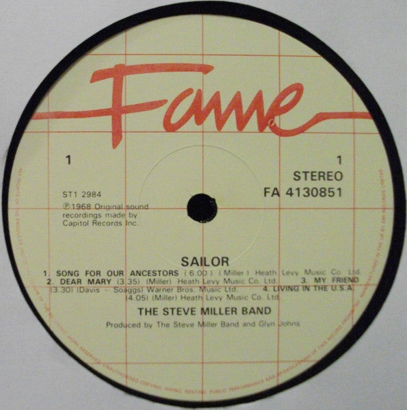 Image of Label Cover of LP - VG+/VG+ - THE STEVE MILLER BAND, Sailor (Fame; FA 4130851, UK 1980s Reissue), ,  - 1616237C