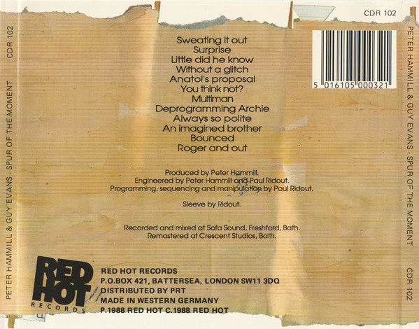 Image of Back Cover of 5034156E: CD - PETER HAMMILL & GUY EVANS, Spur Of The Moment (Red Hot Records; CDR 102, UK 1988, Jewel Case)   VG+/VG+