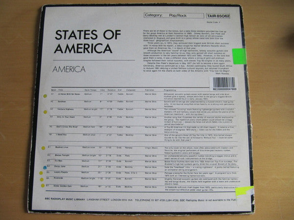 Image of Front Cover of 5024234E: LP - AMERICA, States Of America (BBC Radioplay Music; TAIR 85062, UK 1985, Not For Sale to the General Public)   VG+/VG+