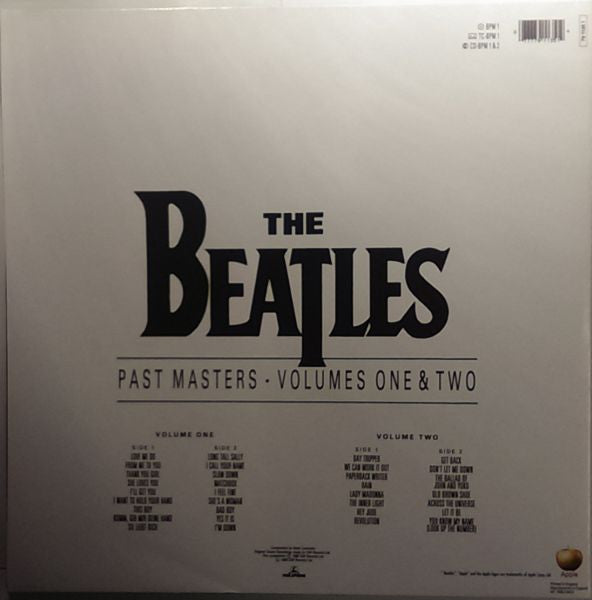 Image of Back Cover of 5024237E: 2xLP - THE BEATLES, Past Masters vol 1 & 2 (Parlophone; BPM1, UK 1988, Gatefold, No Apple Logo On Rear Sleeve) Manufacturer's Property Sticker on Rear Sleeve  VG+/EX