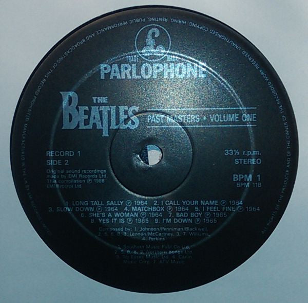 Image of Label Cover of 5024237E: 2xLP - THE BEATLES, Past Masters vol 1 & 2 (Parlophone; BPM1, UK 1988, Gatefold, No Apple Logo On Rear Sleeve) Manufacturer's Property Sticker on Rear Sleeve  VG+/EX