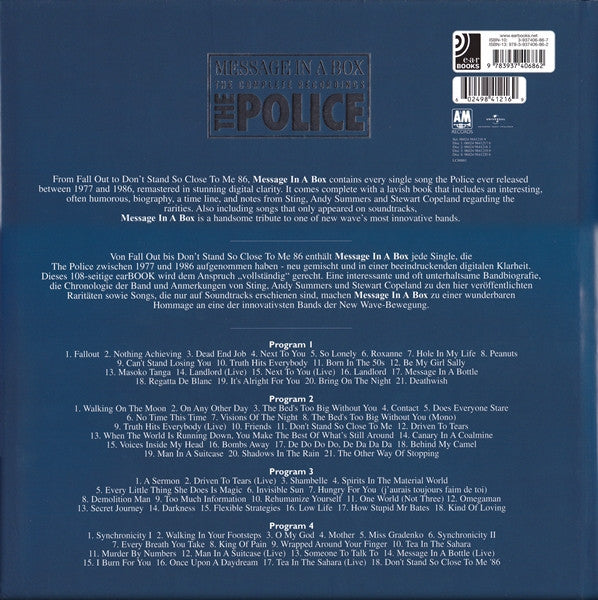 Image of Back Cover of 5034161E: 4xCD - THE POLICE, Message In A Box (The Complete Recordings) (EarBooks; 06024 9841216 9, Europe 2006, Box Set)   EX/EX