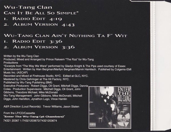 Image of Back Cover of 5014053C: CD - WU-TANG CLAN, Can It Be All So Simple (RCA; 74321220502, Germany 1994, CD Single Case)   VG+/VG+