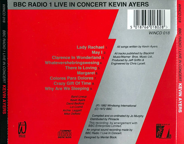 Image of Back Cover of 5034189E: CD - KEVIN AYERS AND THE WHOLE WORLD, BBC Radio 1 Live In Concert (Windsong International ; WINCD 018, UK 1992, Jewel Case, Inner)   VG+/VG+