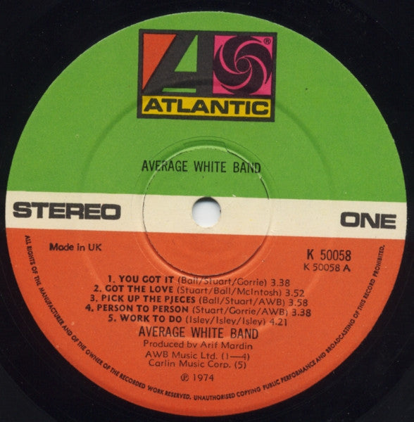 Image of Label Cover of LP - VG/VG - AVERAGE WHITE BAND, AWB (Atlantic; K 50058, UK 1974, Inner), ,  - 3826240E