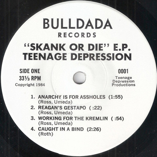 Image of Label Cover of 5024194E: 7" EP - TEENAGE DEPRESSION, Skank Or Die (Bulldada Records ; 0001, US 1984, Picture Sleeve, Insert) Strong VG  VG/VG